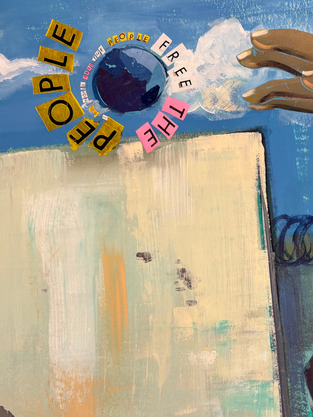 figures in prison workout year cement fences barbed wire with multi media collage of text free the people figure collage hitting ball