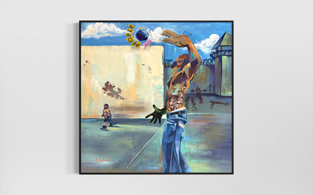 figures in prison workout year cement fences barbed wire with multi media collage of text free the people figure collage hitting ball