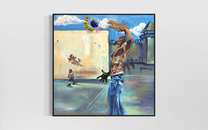 figures in prison workout year cement fences barbed wire with multi media collage of text free the people figure collage hitting ball