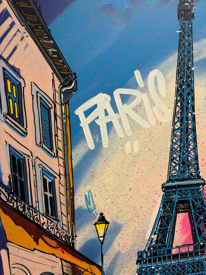 "From Paris with Love" by Pappay — a vibrant street art-inspired painting on canvas depicting the Eiffel Tower framed by a Parisian boulevard with glowing cafés and street lamps, surrounded by explosive blue, pink, and white graffiti lettering reading "Paris" and "Love" against a deep cobalt sky. A bold, romantic celebration of Paris. Original contemporary Paris Eiffel Tower street art pop art painting on canvas available at Morton Contemporary gallery.