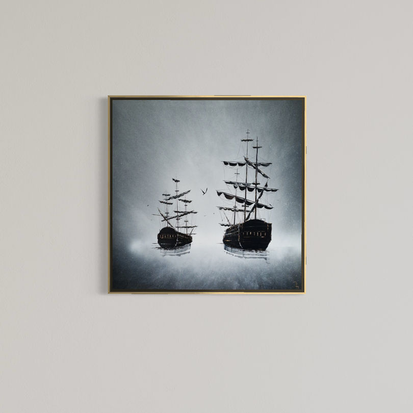 Julien Rey, Galion, lacquer and gold leaf on board, 31 x 31 inches, framed in a thin gold frame and displayed on a plain wall.