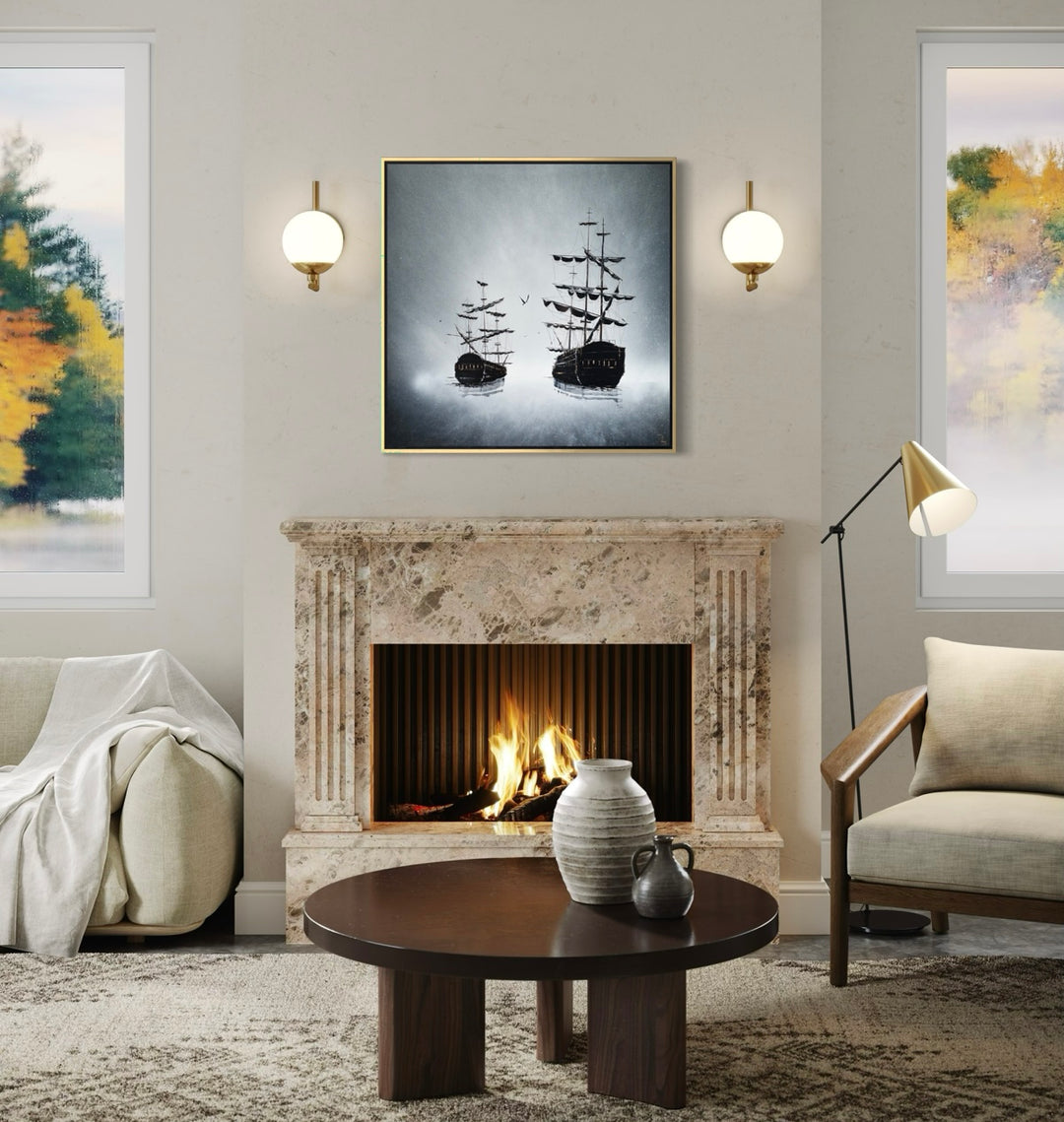 Julien Rey, Galion, lacquer and gold leaf on board, 31 x 31 inches, shown framed above a marble fireplace with a lit fire, flanked by wall sconces and upholstered seating.