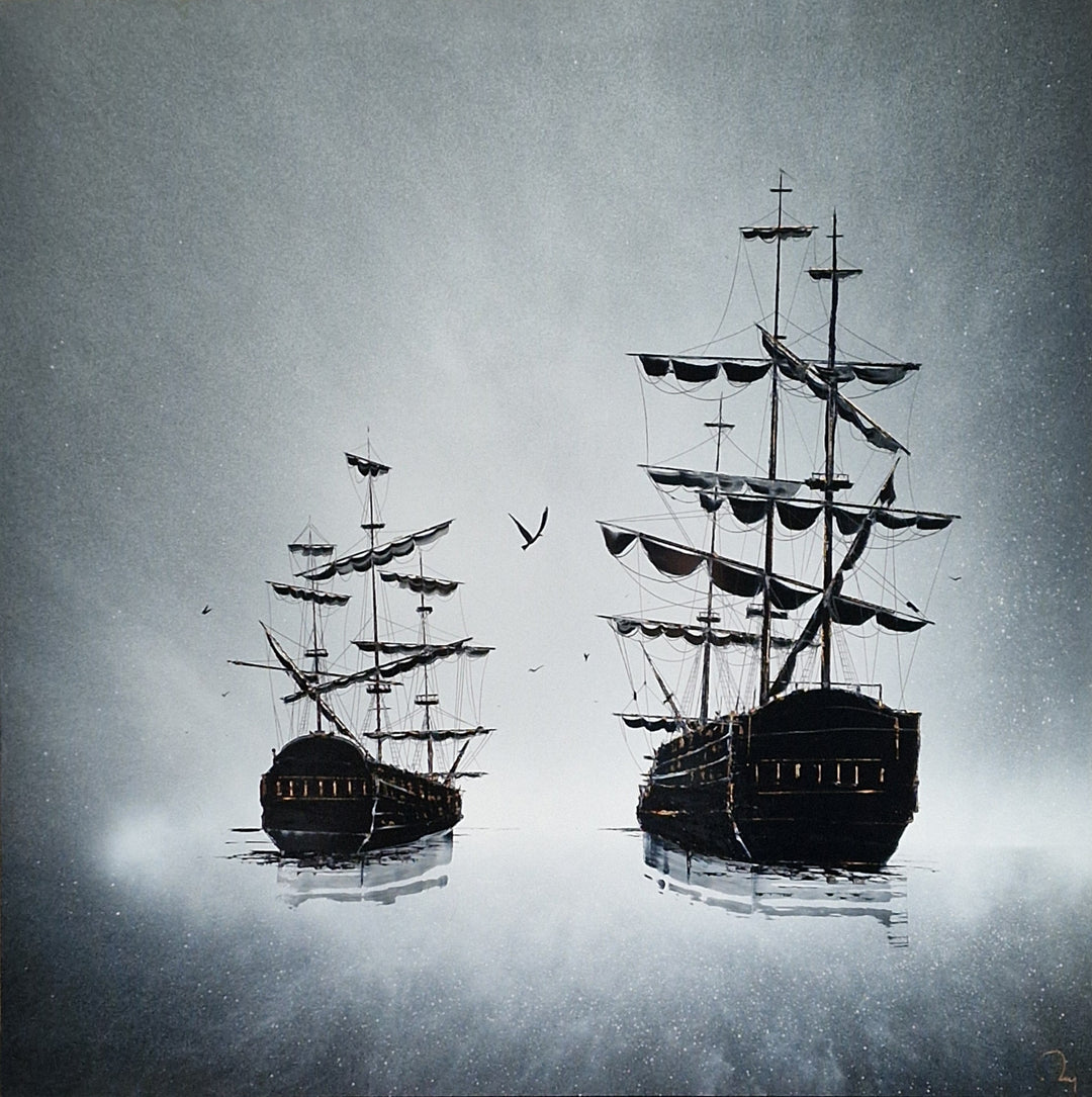 Julien Rey, Galion, lacquer and gold leaf on board, 31 x 31 inches. Two dark silhouetted galleon ships with multiple masts and furled sails float on calm water against a grey misty background, with a few birds in flight between them.