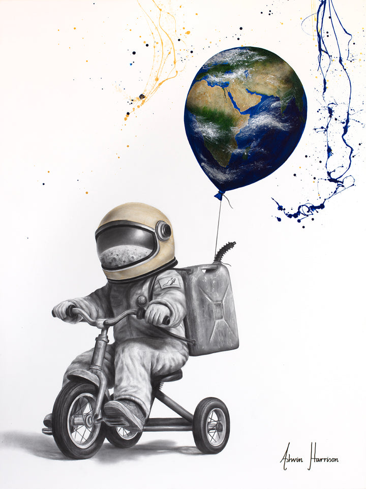 ‘Gallon Galaxy’ by Ashvin Harrison is a contemporary surrealist painting depicting a childlike astronaut riding a tricycle while carrying a fuel canister backpack and holding a balloon shaped like planet Earth. Rendered in coconut charcoal dust and acrylic on canvas, the artwork combines detailed monochromatic realism with vibrant cosmic color, expressive paint splatter techniques, and whimsical sci-fi imagery to evoke imagination, adventure, and environmental symbolism.