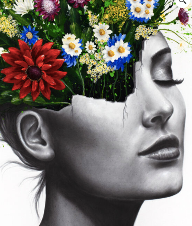 woman figure head cracking vase flowers bouquet splatter expressionism paint giclee black and white realism on white background
