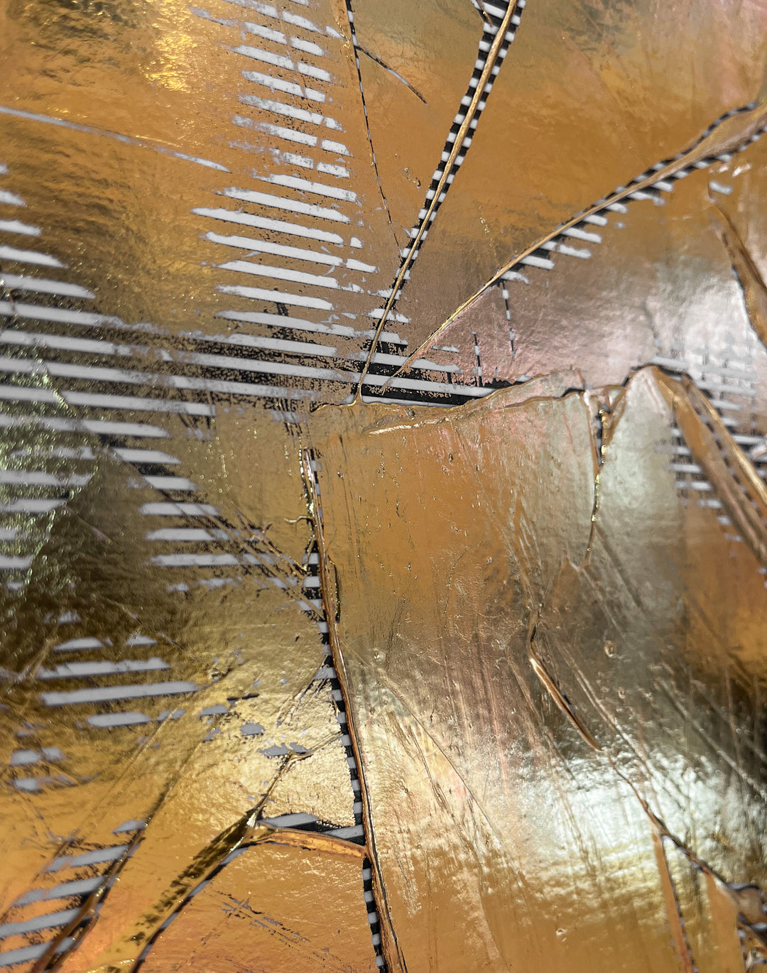 Golden Texture No. 365 by M. Clark, thick gold brush strokes on striped background, gold foil artwork, abstract