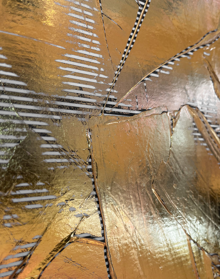Golden Texture No. 365 by M. Clark, thick gold brush strokes on striped background, gold foil artwork, abstract