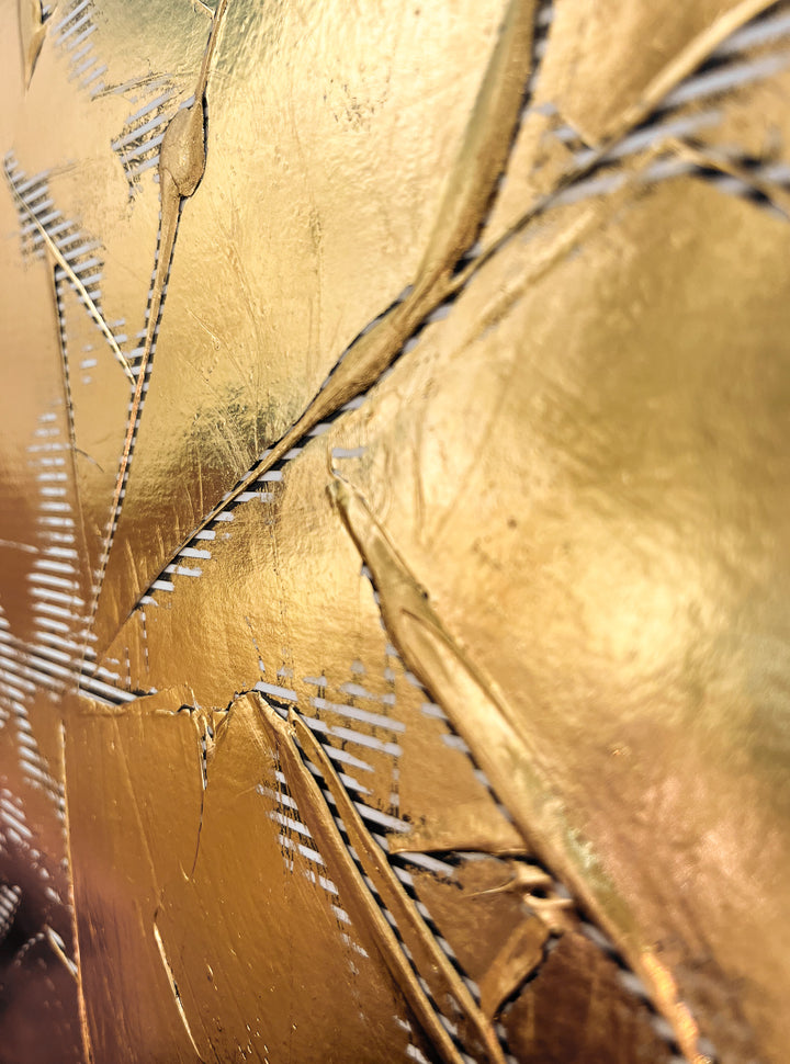 Golden Texture No. 365 by M. Clark, thick gold brush strokes on striped background, gold foil artwork, abstract