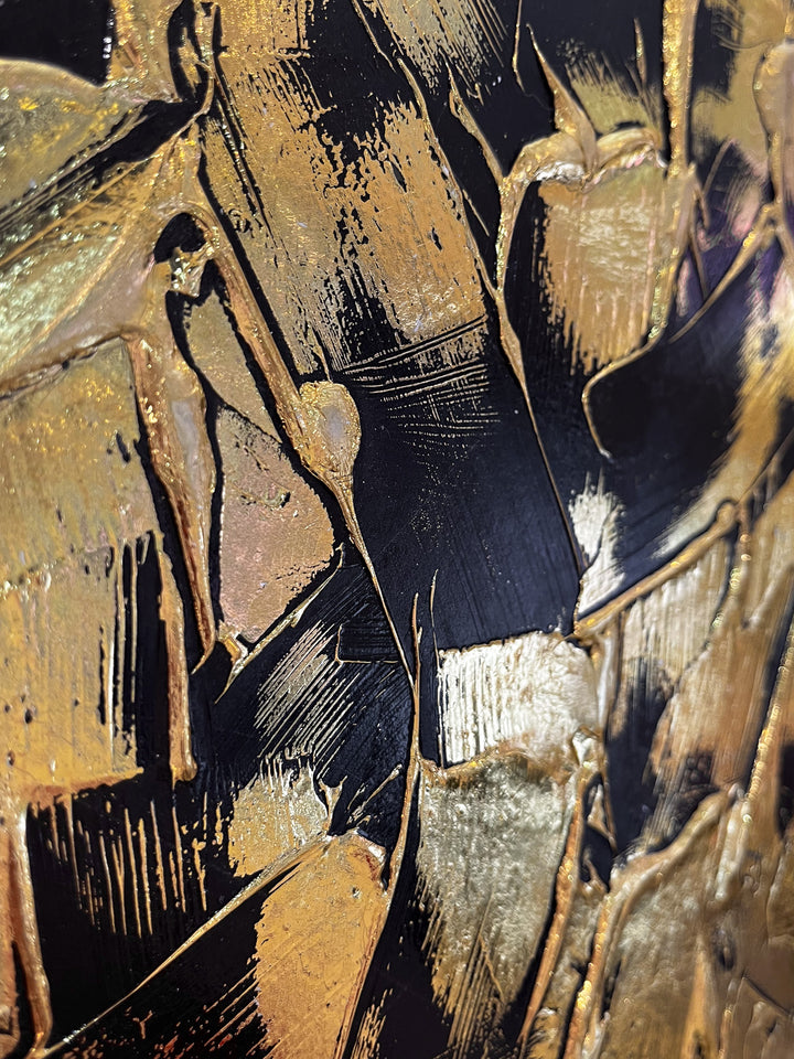 Golden Texture No. 385 by M. Clark, thick gold brush strokes on black background, gold foil artwork, abstract