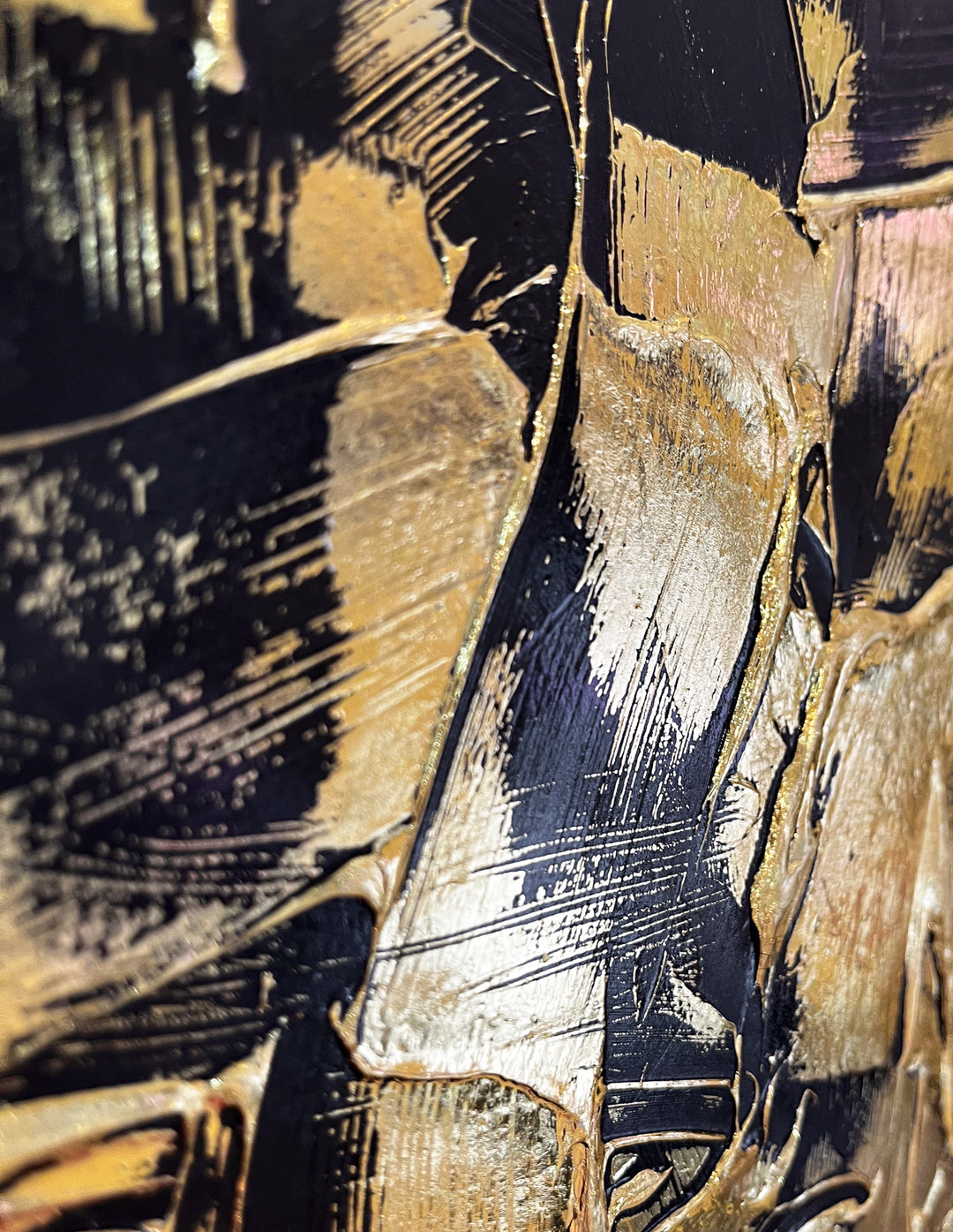 Golden Texture No. 385 by M. Clark, thick gold brush strokes on black background, gold foil artwork, abstract