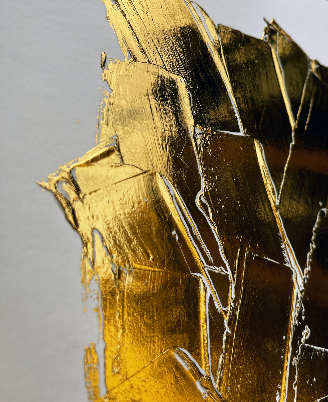 Golden Texture No. 395 by M. Clark, thick gold brush strokes on white background, gold foil artwork, abstract