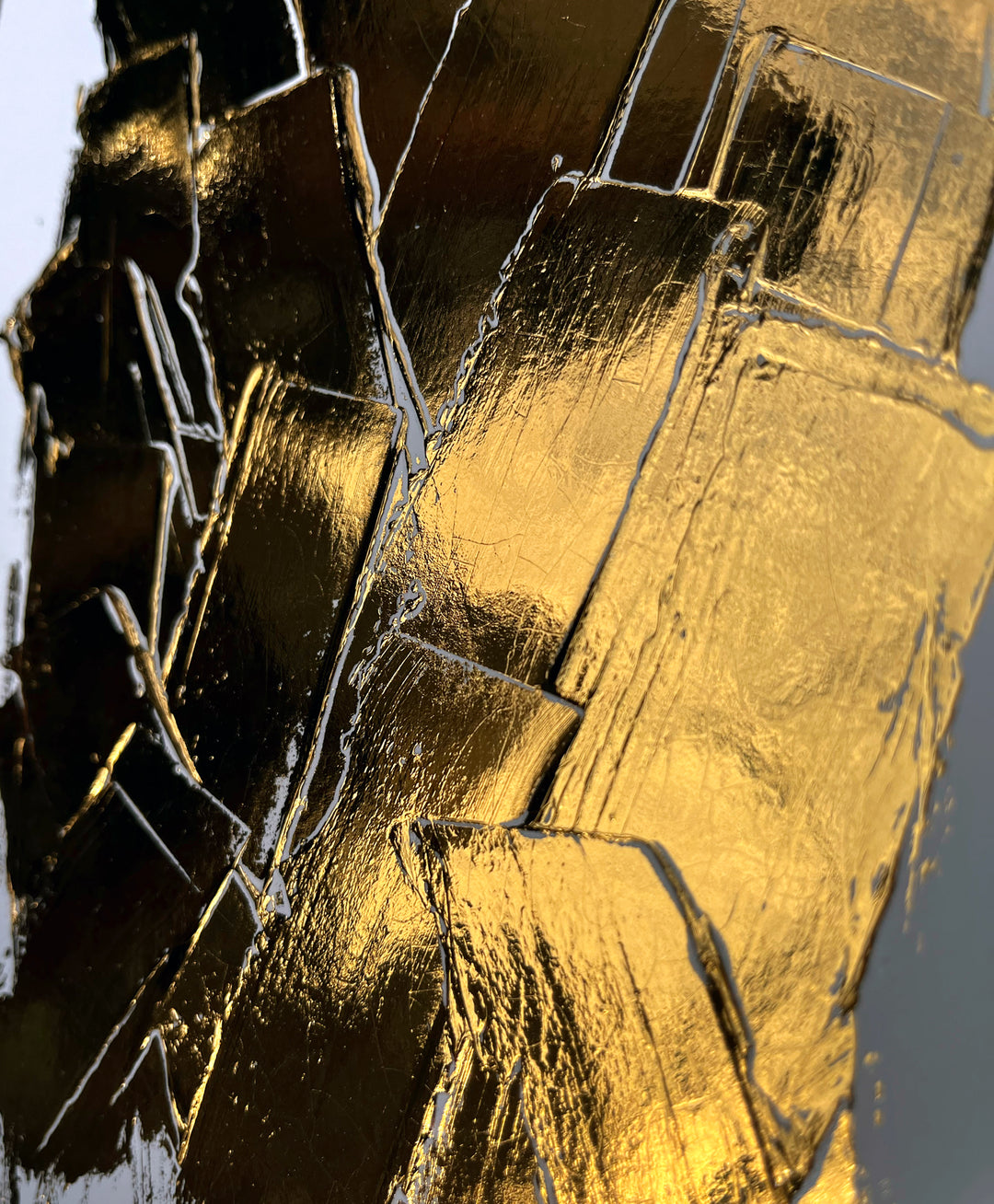 Golden Texture No. 395 by M. Clark, thick gold brush strokes on white background, gold foil artwork, abstract