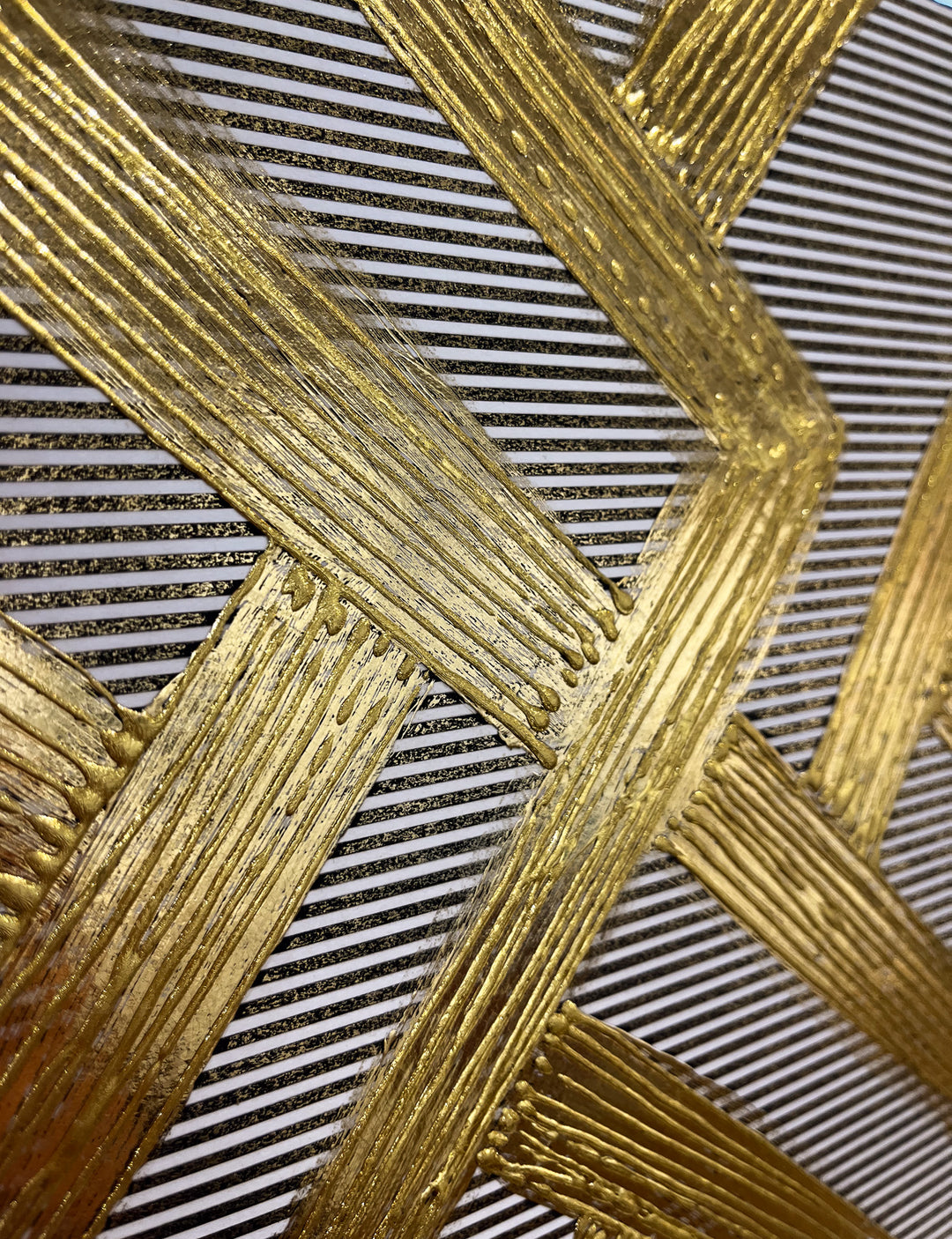 Golden Texture No. 405 by M. Clark, gold chevron like pattern on striped background, gold foil artwork, abstract