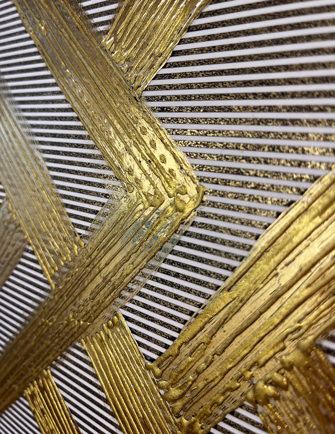 Golden Texture No. 405 by M. Clark, gold chevron like pattern on striped background, gold foil artwork, abstract