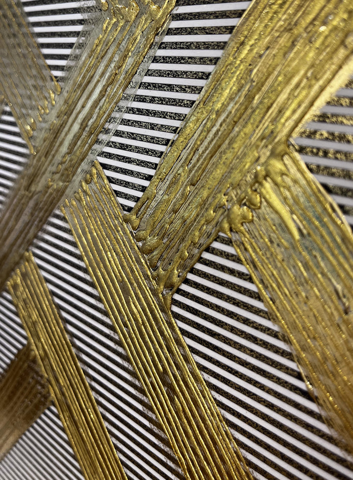 Golden Texture No. 405 by M. Clark, gold chevron like pattern on striped background, gold foil artwork, abstract