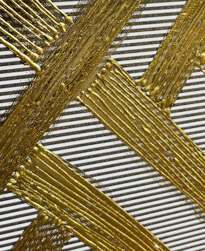 Golden Texture No. 405 by M. Clark, gold chevron like pattern on striped background, gold foil artwork, abstract