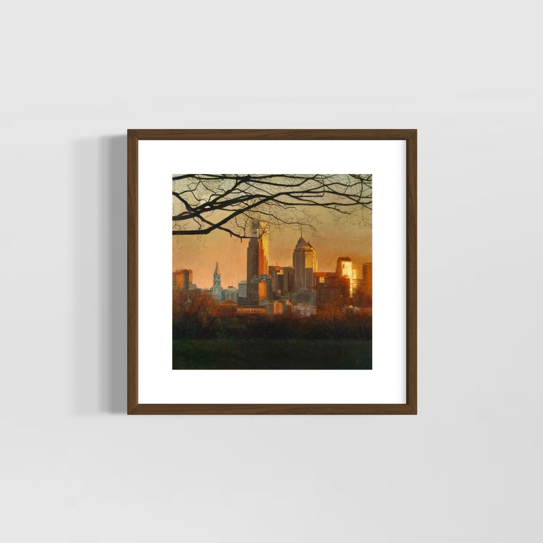 Philadelphia downtown skyscraper city skyline buildings landscape golden hour orange and yellow reflective tones in oil paint