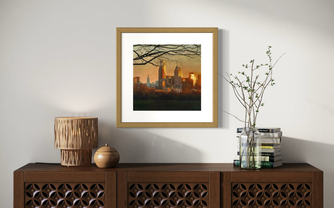 Philadelphia downtown skyscraper city skyline buildings landscape golden hour orange and yellow reflective tones in oil paint