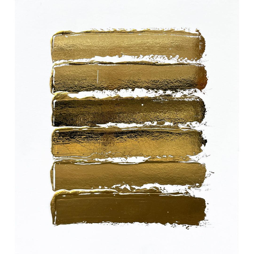 Golden Texture No. 375 by M. Clark, thick gold brush strokes on white background, gold foil artwork, abstract