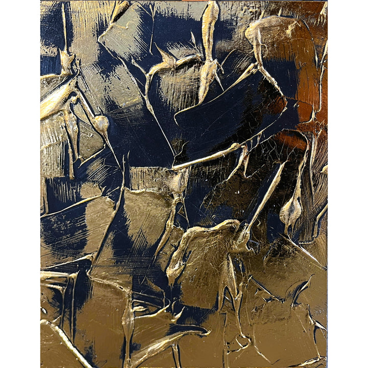 Golden Texture No. 385 by M. Clark, thick gold brush strokes on black background, gold foil artwork, abstract