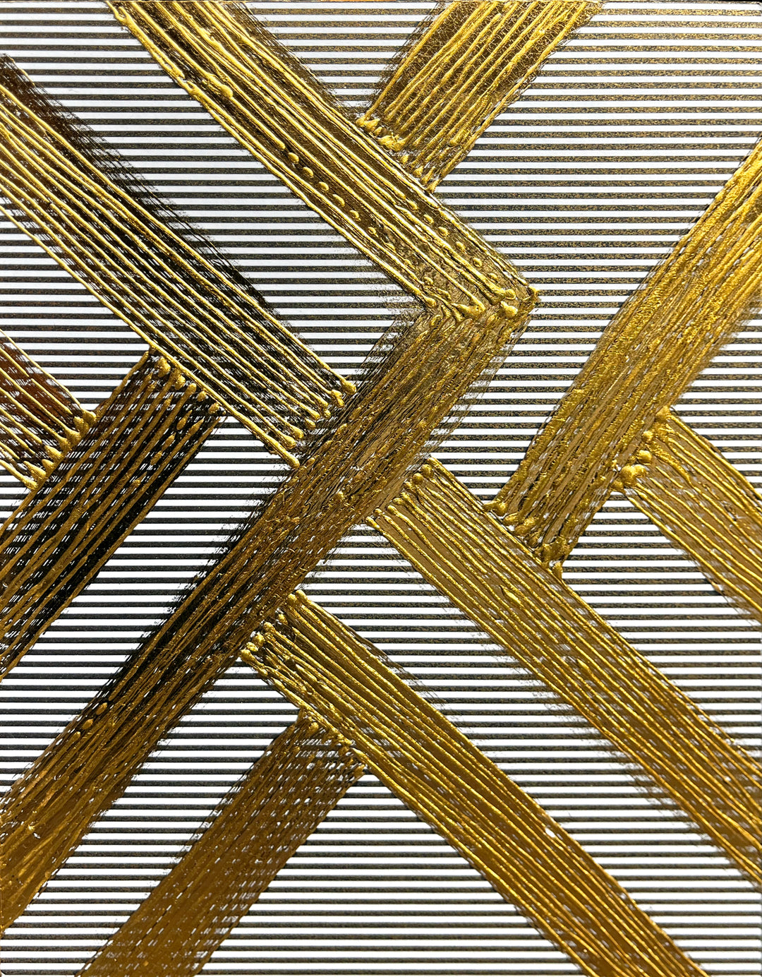 Golden Texture No. 405 by M. Clark, gold chevron like pattern on striped background, gold foil artwork, abstract