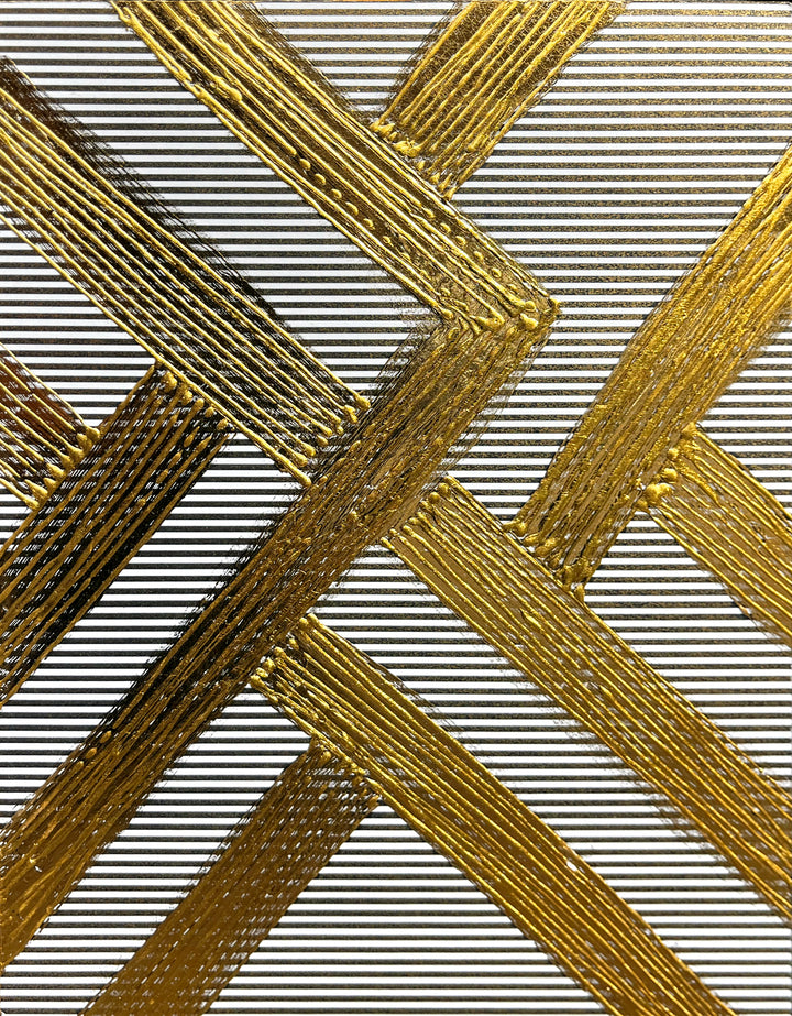 Golden Texture No. 405 by M. Clark, gold chevron like pattern on striped background, gold foil artwork, abstract