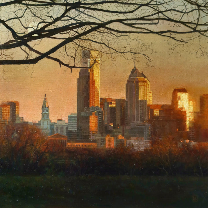 Philadelphia downtown skyscraper city skyline buildings landscape golden hour orange and yellow reflective tones in oil paint