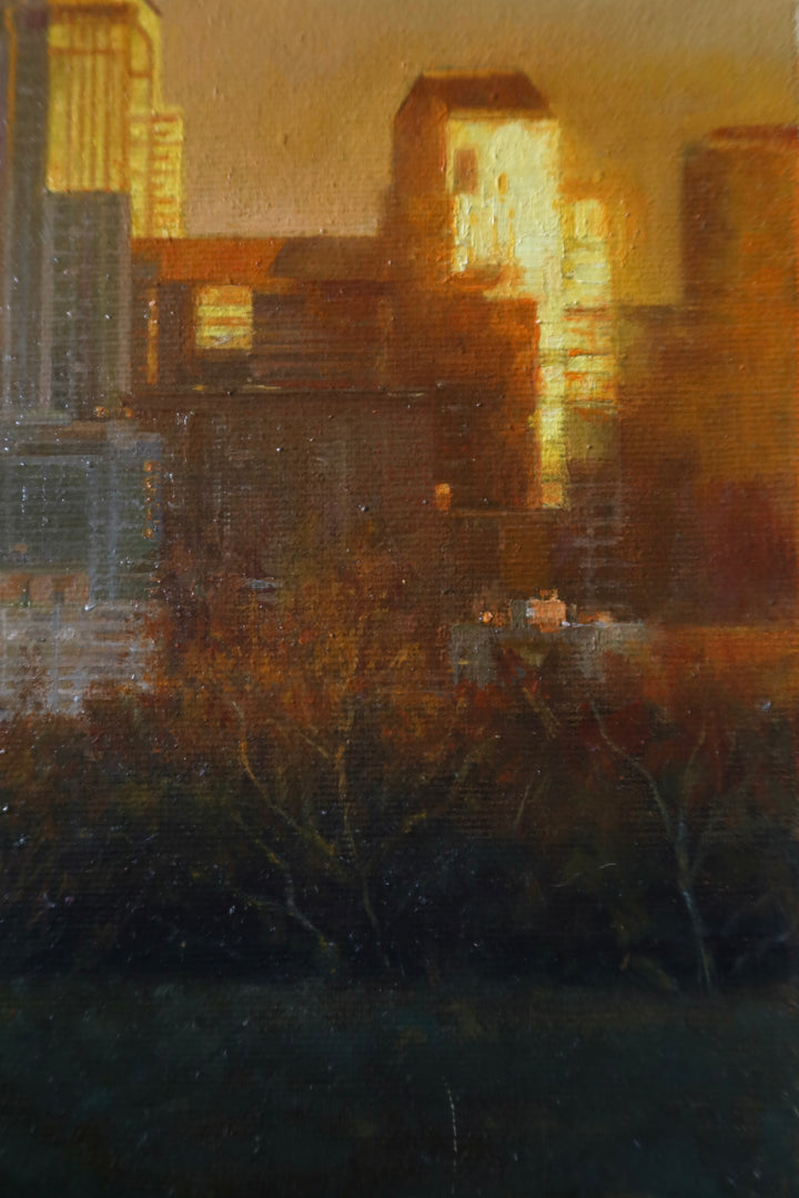 Philadelphia downtown skyscraper city skyline buildings landscape golden hour orange and yellow reflective tones in oil paint