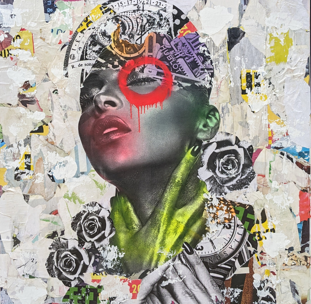 48" x 48" Acrylic paint, spray paint, wheat-paste, vintage advertisements, printed fragments on canvas. Woman's face surrounded by graphic paper cutouts with DAIN's signature circle over her right eye. 