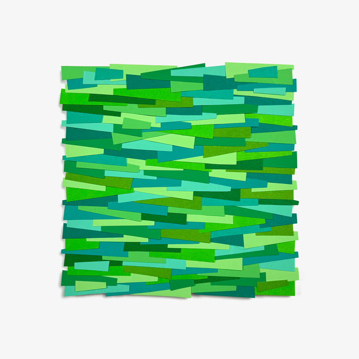 green shades in light and dark cut paper collage strips in square shape
