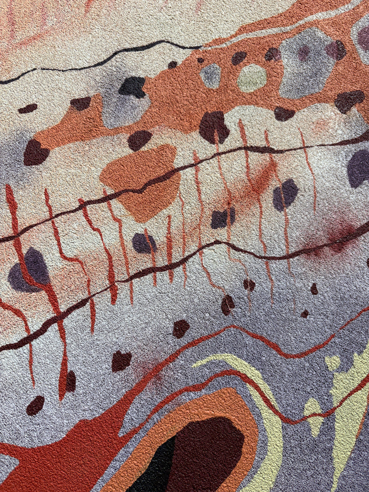 pumice primed canvas textured with rough rock surface in oil paint creating abstract paintings inspired by natural patterns in nature organic shapes gradient background opaque color blocking line work weight  sea shell in pink peach tones by local artist Erin Touey