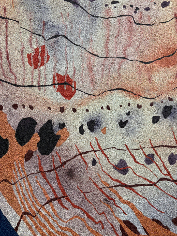 pumice primed canvas textured with rough rock surface in oil paint creating abstract paintings inspired by natural patterns in nature organic shapes gradient background opaque color blocking line work weight  sea shell in pink peach tones by local artist Erin Touey