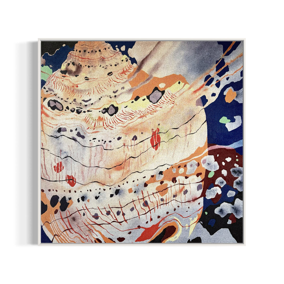 pumice primed canvas textured with rough rock surface in oil paint creating abstract paintings inspired by natural patterns in nature organic shapes gradient background opaque color blocking line work weight  sea shell in pink peach tones by local artist Erin Touey