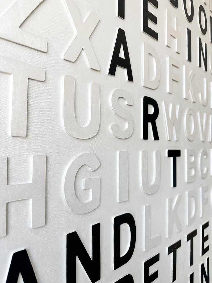 Steffanie Gerkin Have Good Taste White 3D, a contemporary mixed-media text artwork made with wood and acrylic on canvas, featuring raised black and white letters in a bold typographic composition.