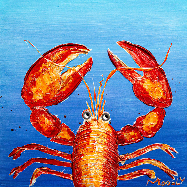 big red textured lobster in red on bright blue background resin