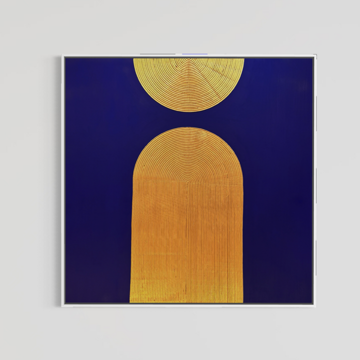 Lee in Cerulean, Halo Vaste II, joint compound and acrylic paint on canvas, 48 x 48 inches. Square deep blue painting with a gold semicircle and gold arch in a thin white float frame on a light grey wall.