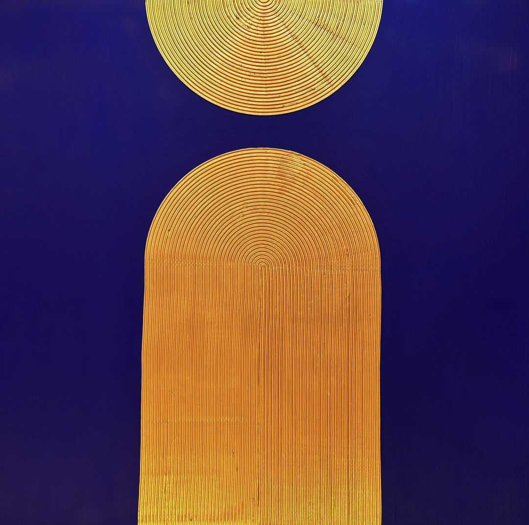 Lee in Cerulean, Halo Vaste II, joint compound and acrylic paint on canvas, 48 x 48 inches. Square textured painting with a deep blue background, a gold semicircle of concentric raised ridges at the top edge, and a tall gold arch of ridges rising from the bottom edge.