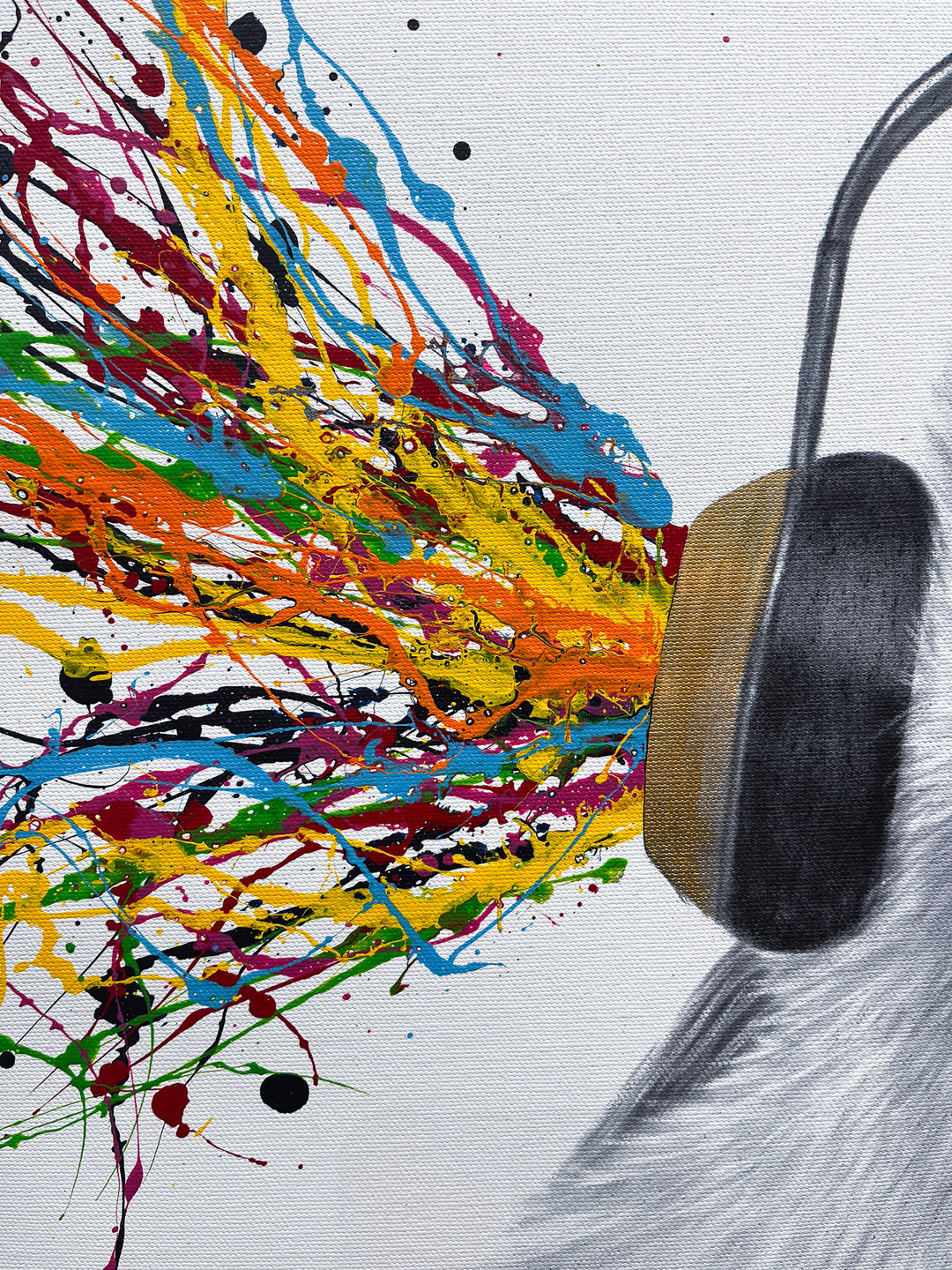 Happy Fluffy Funky Beats by Ashvin Harrison, fluffy baby bird with headphones, colorful splattered paint and coconut charcoal