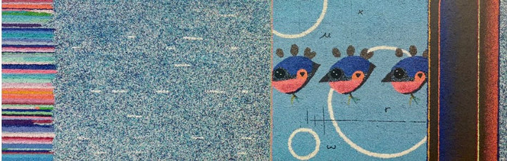 Blue and pink pigmented crushed volcanic rock art featuring birds and stripes, by Bob Landstrom, 21 x 61", wide horizontal art