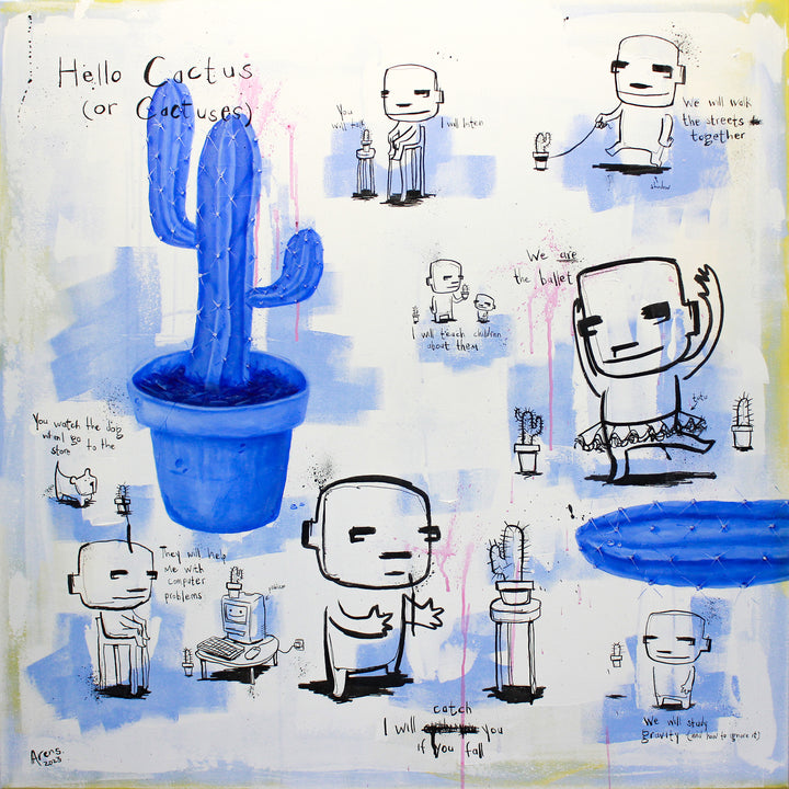 doodled characters in ink doing activities like dancing sitting walking, all with cactus by side, blue photorealistic cactus imposed on white blue background