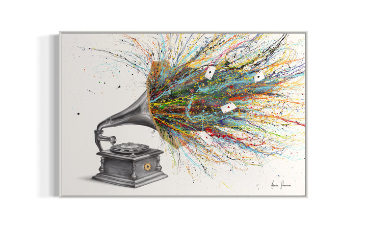 large black and white gramophone with roulette spinning table instead of vinyl, rainbow splatter paint coming out of speaker with loose ace cars on white background