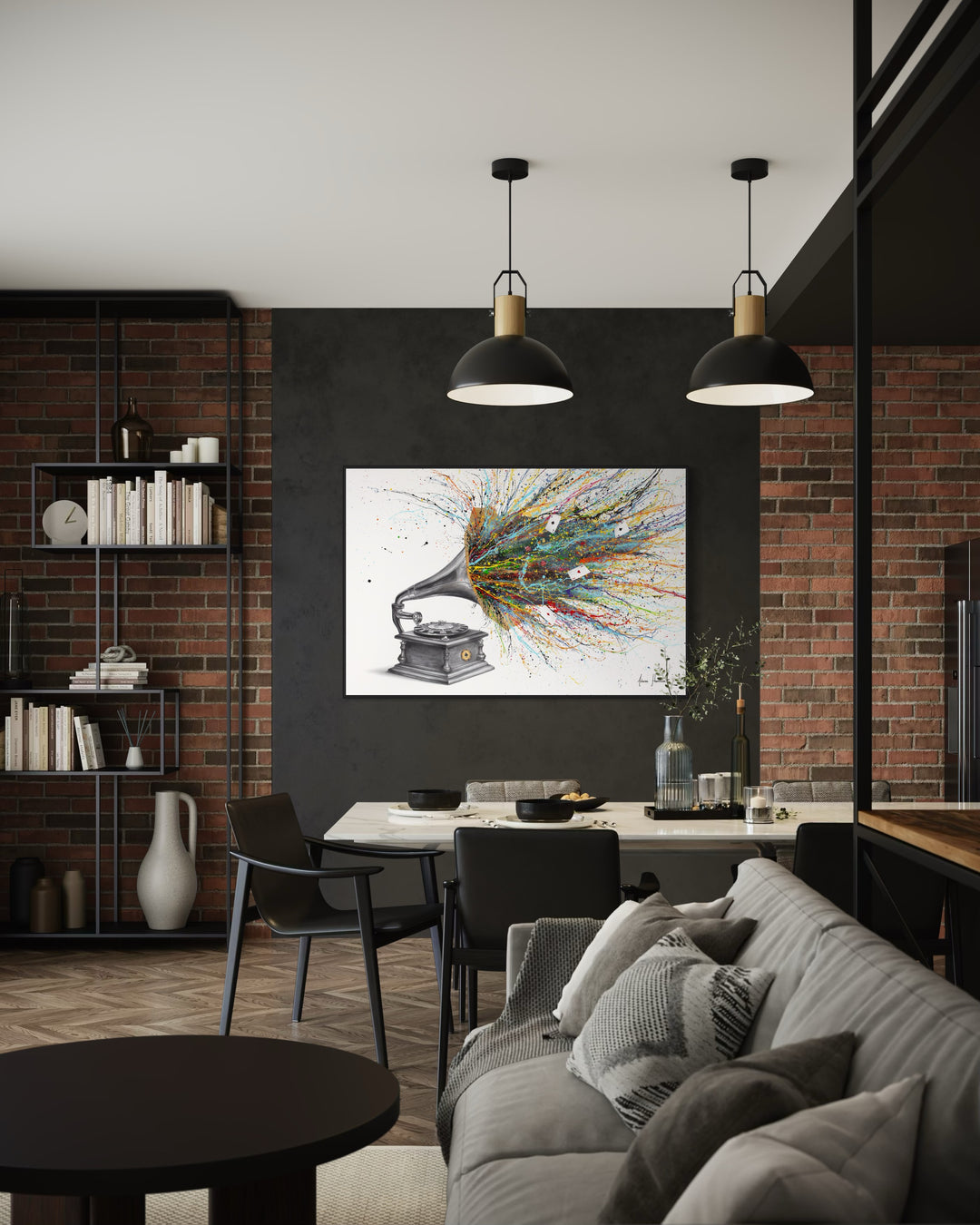 large black and white gramophone with roulette spinning table instead of vinyl, rainbow splatter paint coming out of speaker with loose ace cars on white background