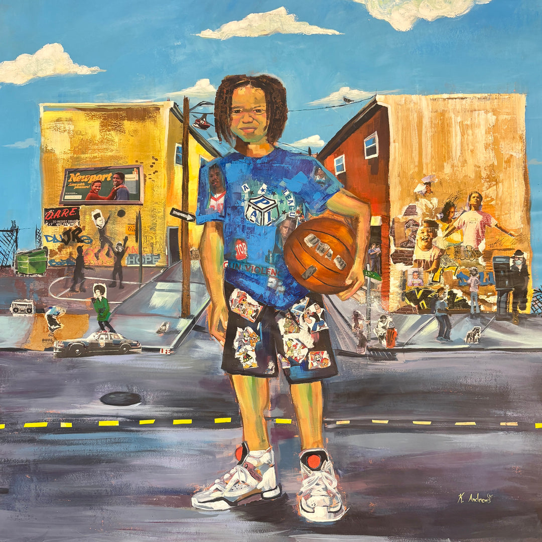 young black boy with basketball in street cityscape philadelphia keith andrews mixed media collage painting retro logos magazine clipping paper and acrylic