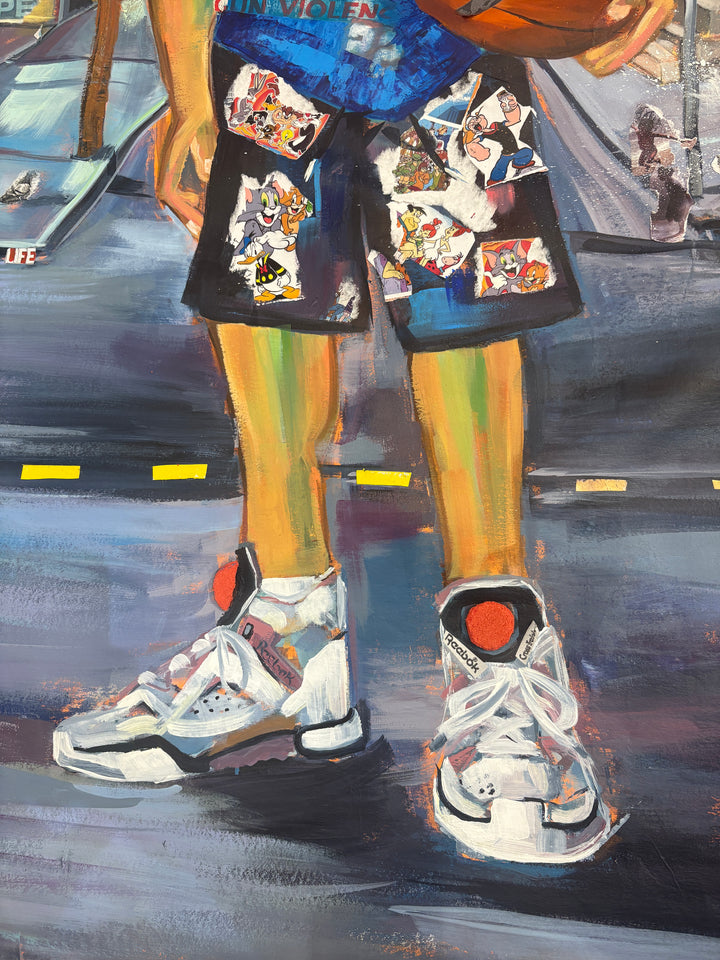 young black boy with basketball in street cityscape philadelphia keith andrews mixed media collage painting retro logos magazine clipping paper and acrylic