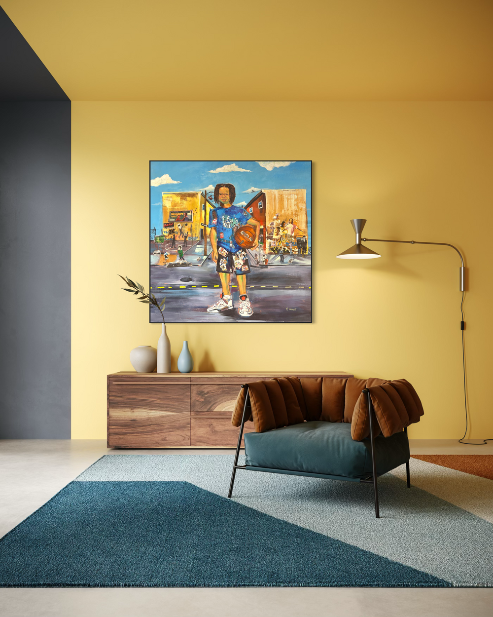 young black boy with basketball in street cityscape philadelphia keith andrews mixed media collage painting retro logos magazine clipping paper and acrylic