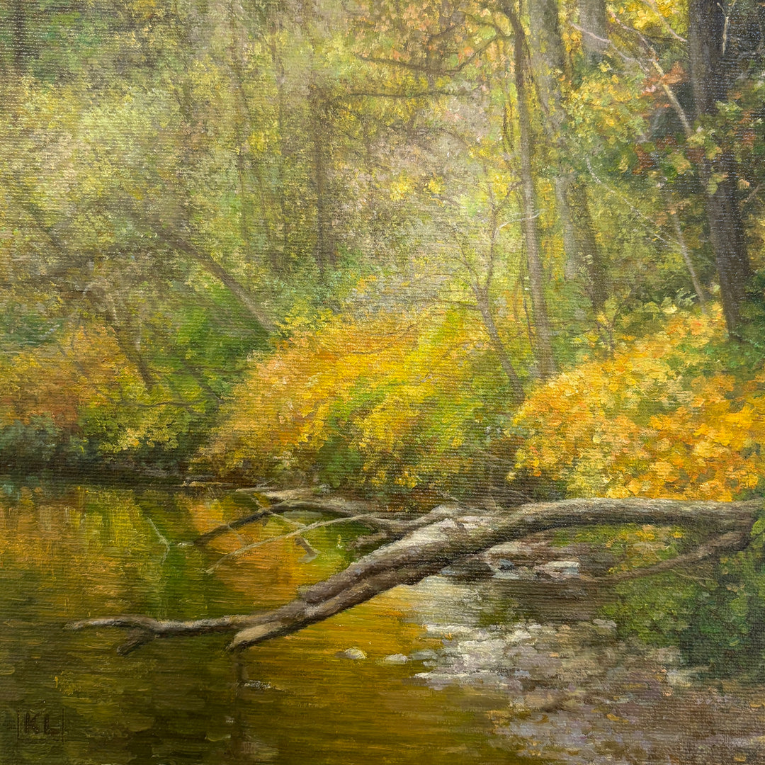 Oil painting of a creek in the woods as the leaves change from green to yellow for the fall