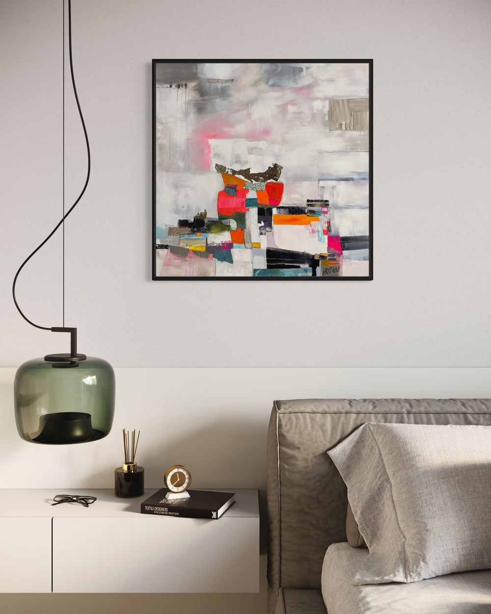 31" x 31" acrylic and gold leaf painting by Lau Blou. Pink orange blue and black square of paint fabric and cut paper and gold foil collage on cloudy and square white grey and pink background