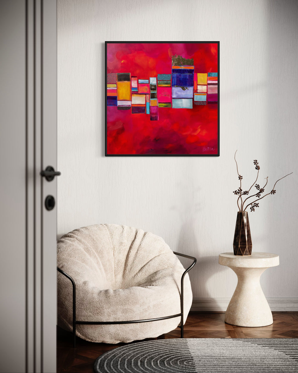 31" x 31" acrylic and gold leaf painting by Lau Blou. Square and rectangles in blue white orange pink yellow and gold foil across center of painting, on cloudy pink and purple background