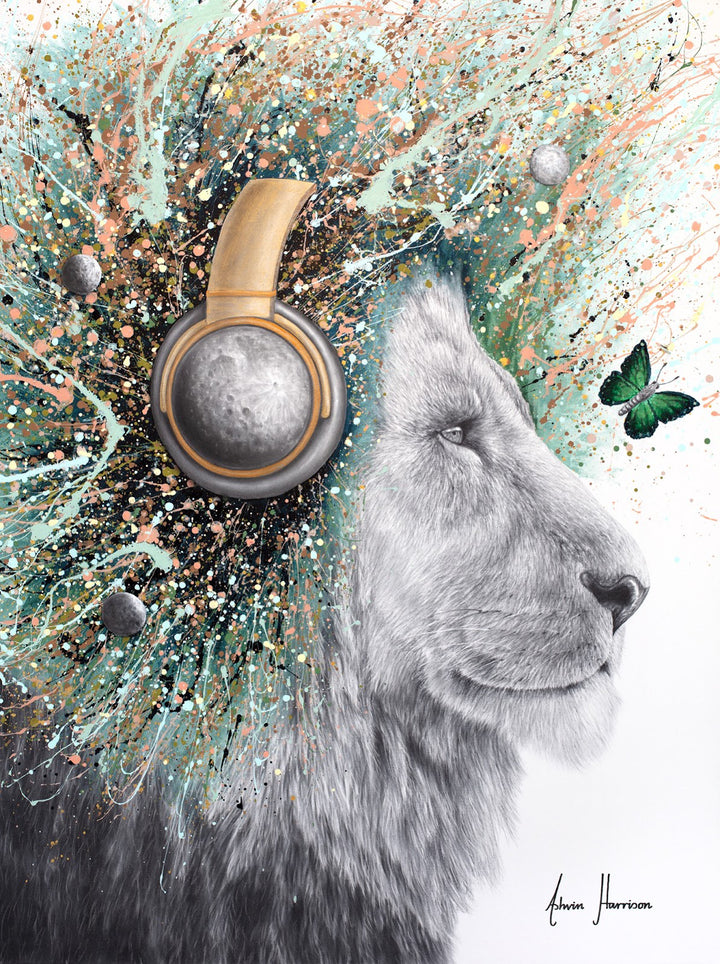 black and white lion in charcoal looking to the right wearing moon headphones and splattered lions hair mane and small moon illustration in teal blue pink pastel acrylic splashes and green butterflies on white background