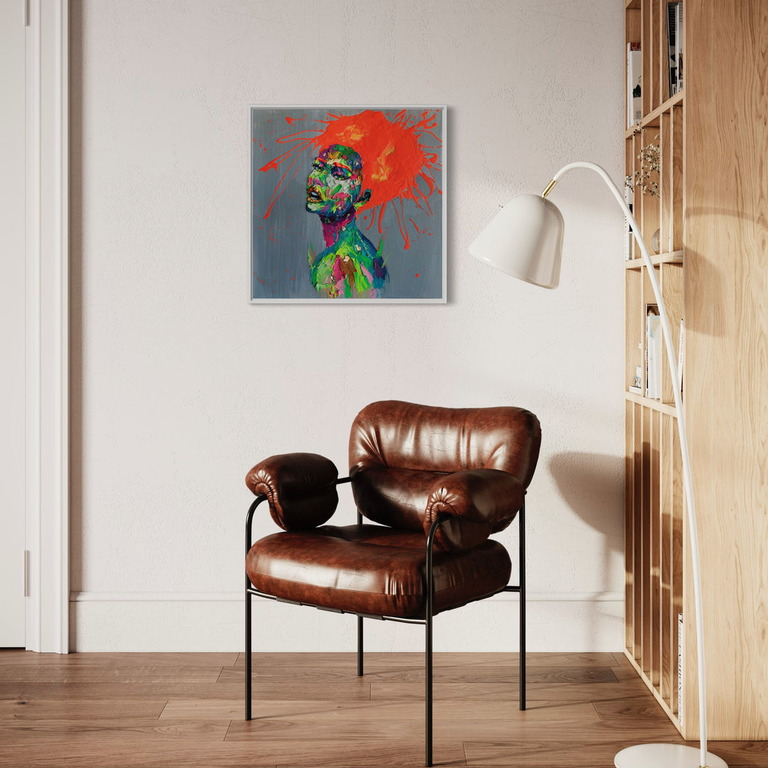 woman facing left with 3/4 profile view with skin made of thick layer of green pink red orange purple yellow impasto acrylic paint, with splattered orange hair on blue background